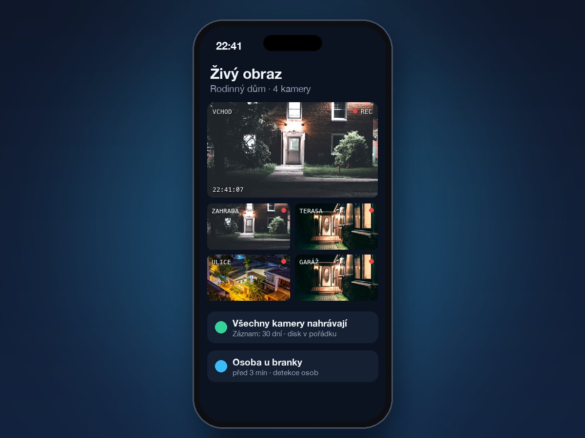 Mobilní telefon se živým obrazem ze 4 kamer rodinného domu